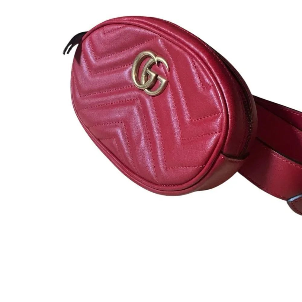 Gucci Red Chevron Quilted Matelasse Leather GG Marmont Waist Belt Bag Auth - Picture 3 of 16